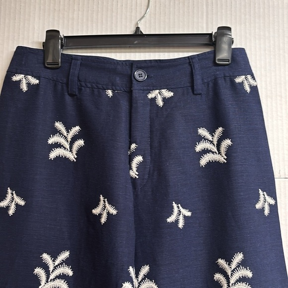 Elie Tahari Navy Blue/W Cream Colored Embroidered Palm Trees Wide Leg Size 10 - Picture 8 of 14